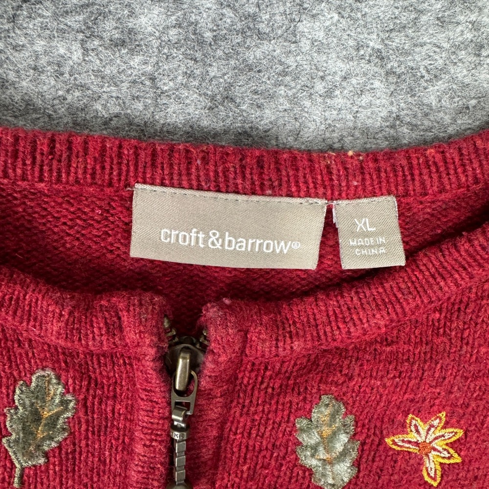 Croft & Barrow Womens XL Red Zip Front Embroidered Fall Leaves Cardigan Sweater - Picture 4 of 9